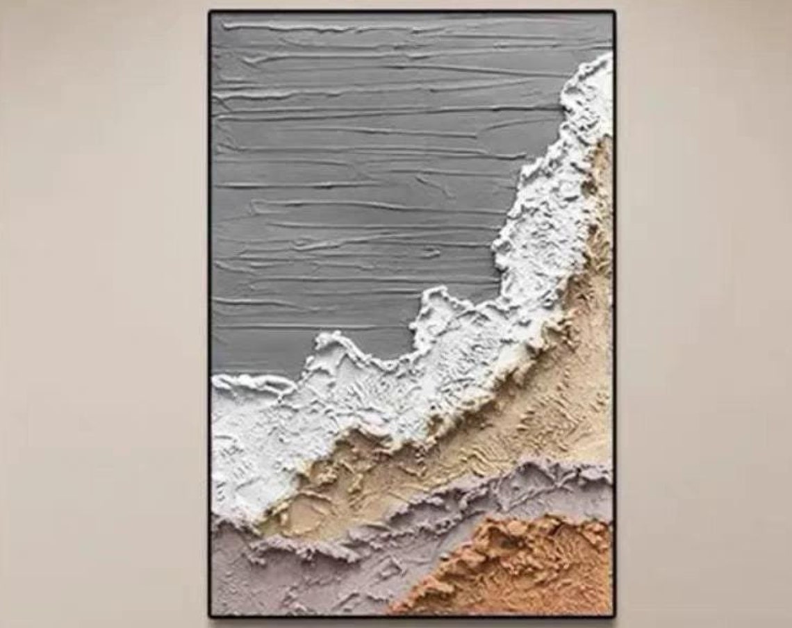 Grey White Layered Mountain Lake Textured Vertical Textured Wall Art