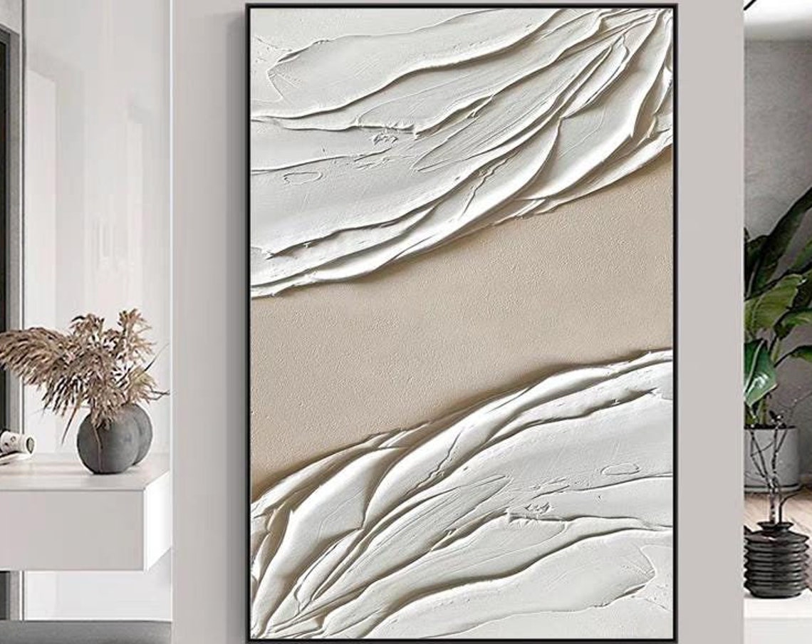 White Sand Sweeping Bands Thick Texture Vertical Minimalist Wall Art