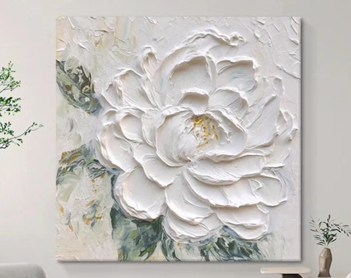 White Blooming Flower with Leaves Textured Botanical Wall Art
