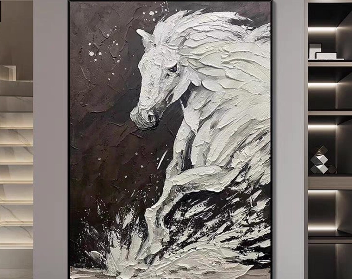 White Galloping Horse on Black Background Textured Animal Art Poster