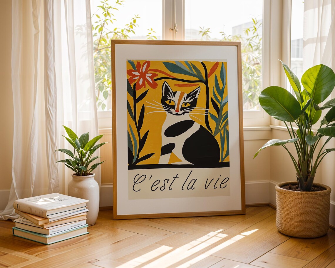 French Vintage Cat Print, Whimsical Retro Illustration