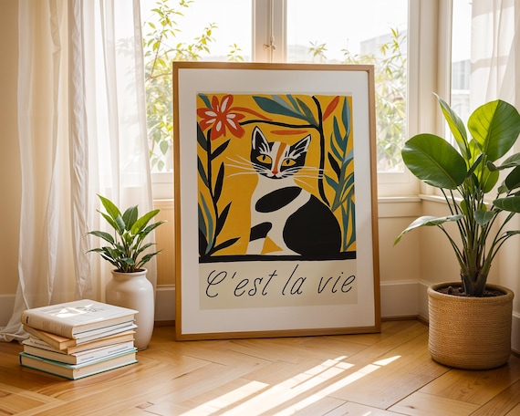 French Vintage Cat Print, Whimsical Retro Illustration