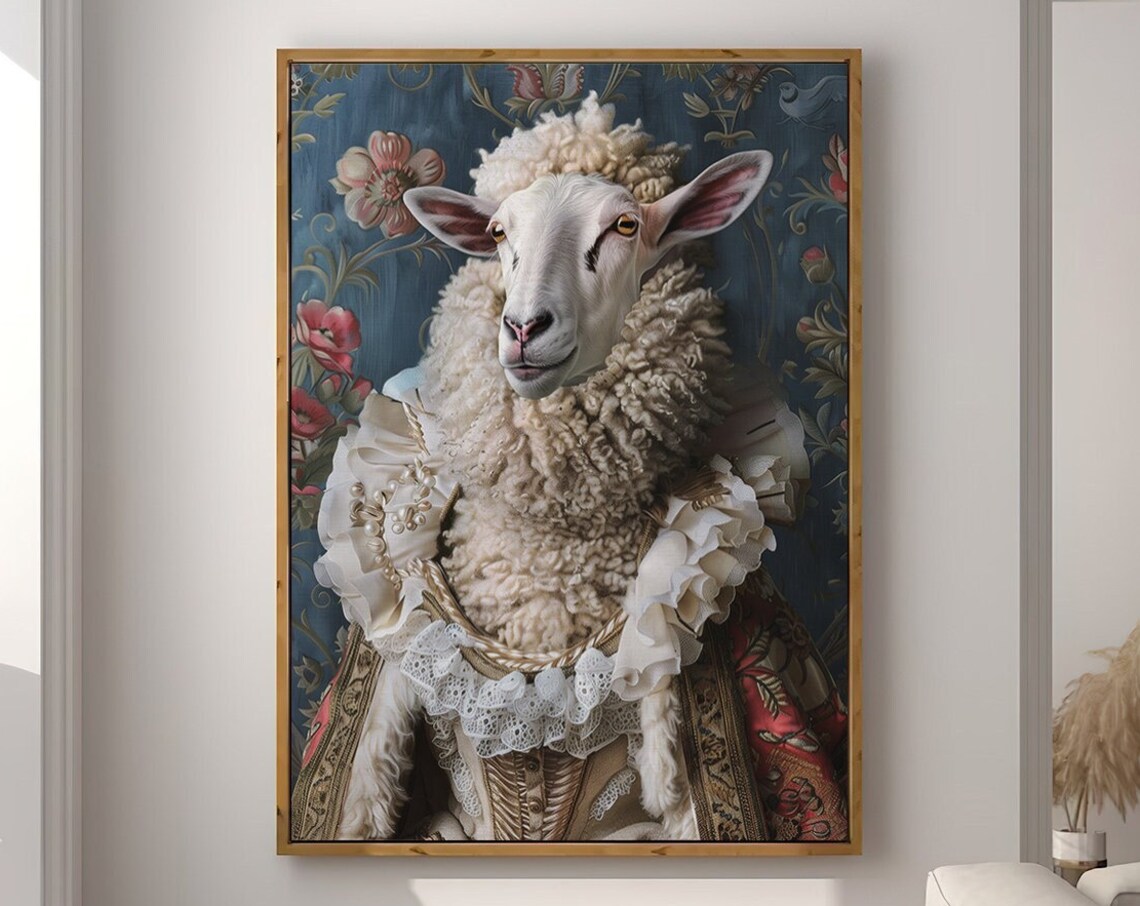 Sheep Royal Renaissance Portrait White Lace Ruff Animal Wall Art