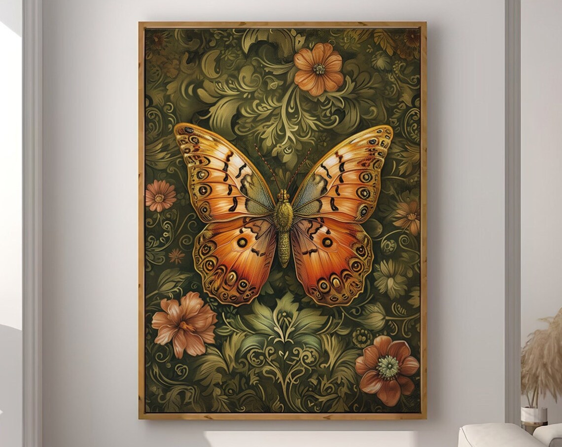 Orange Butterfly Vintage Olive Damask Floral Garden Art Poster