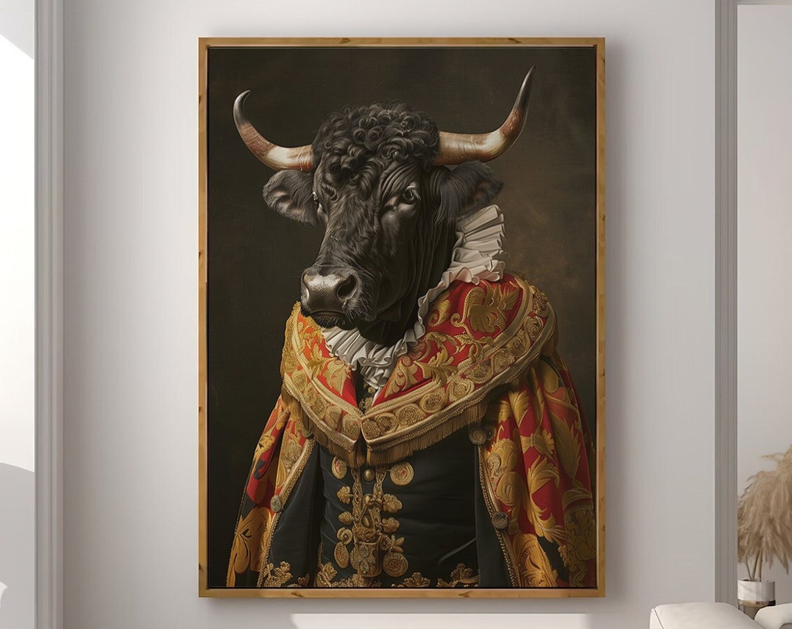 Black Bull in a Red Royal Cape Renaissance Portrait Wall Art - Image 4