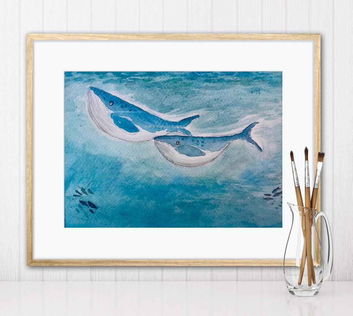 Two Whale Friends Watercolor Blue Ocean Pair Whale Art Poster - Image 4