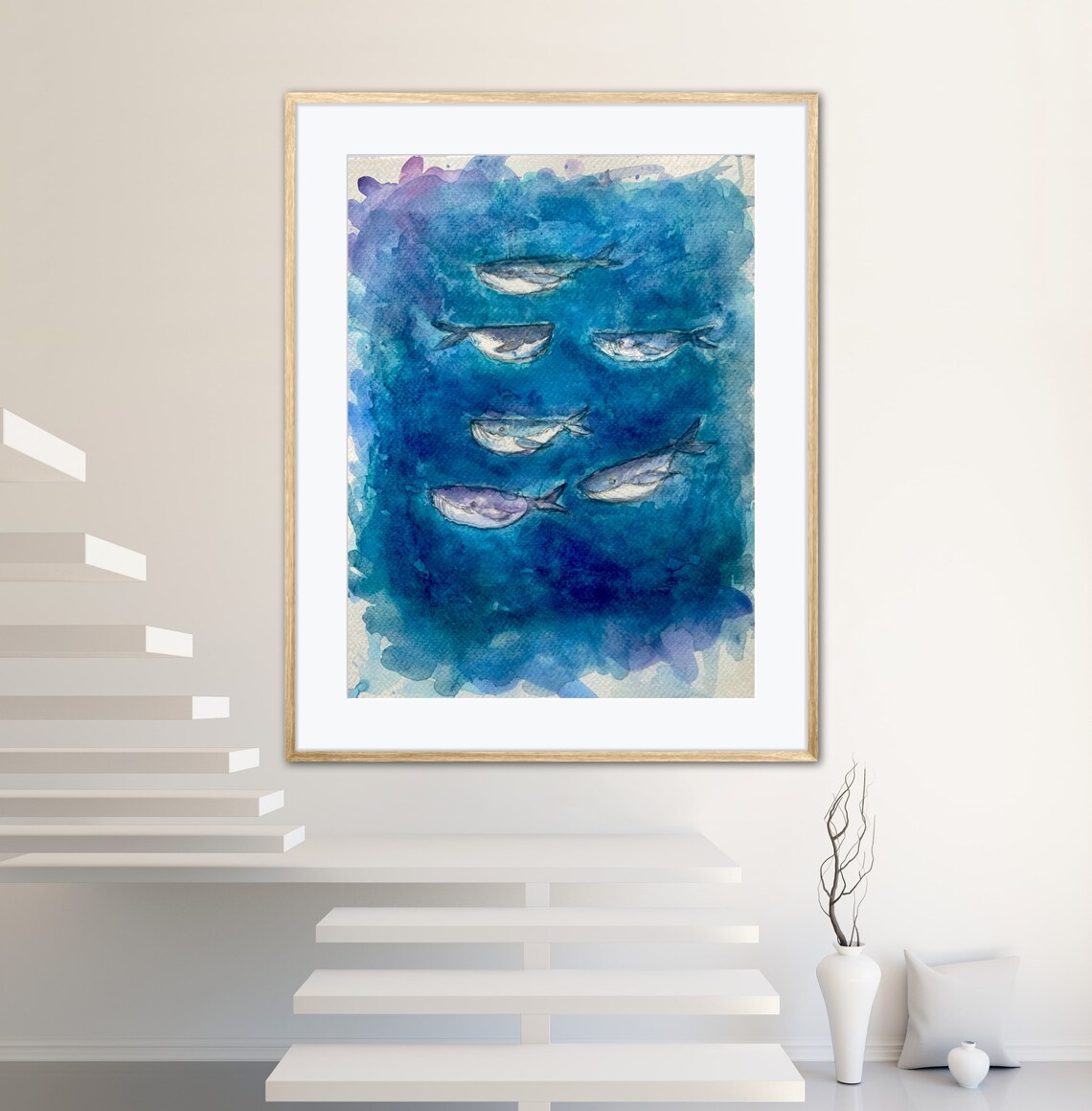 Whale Song Six Whales Watercolor Deep Blue Ocean Scene Art Poster - Image 3