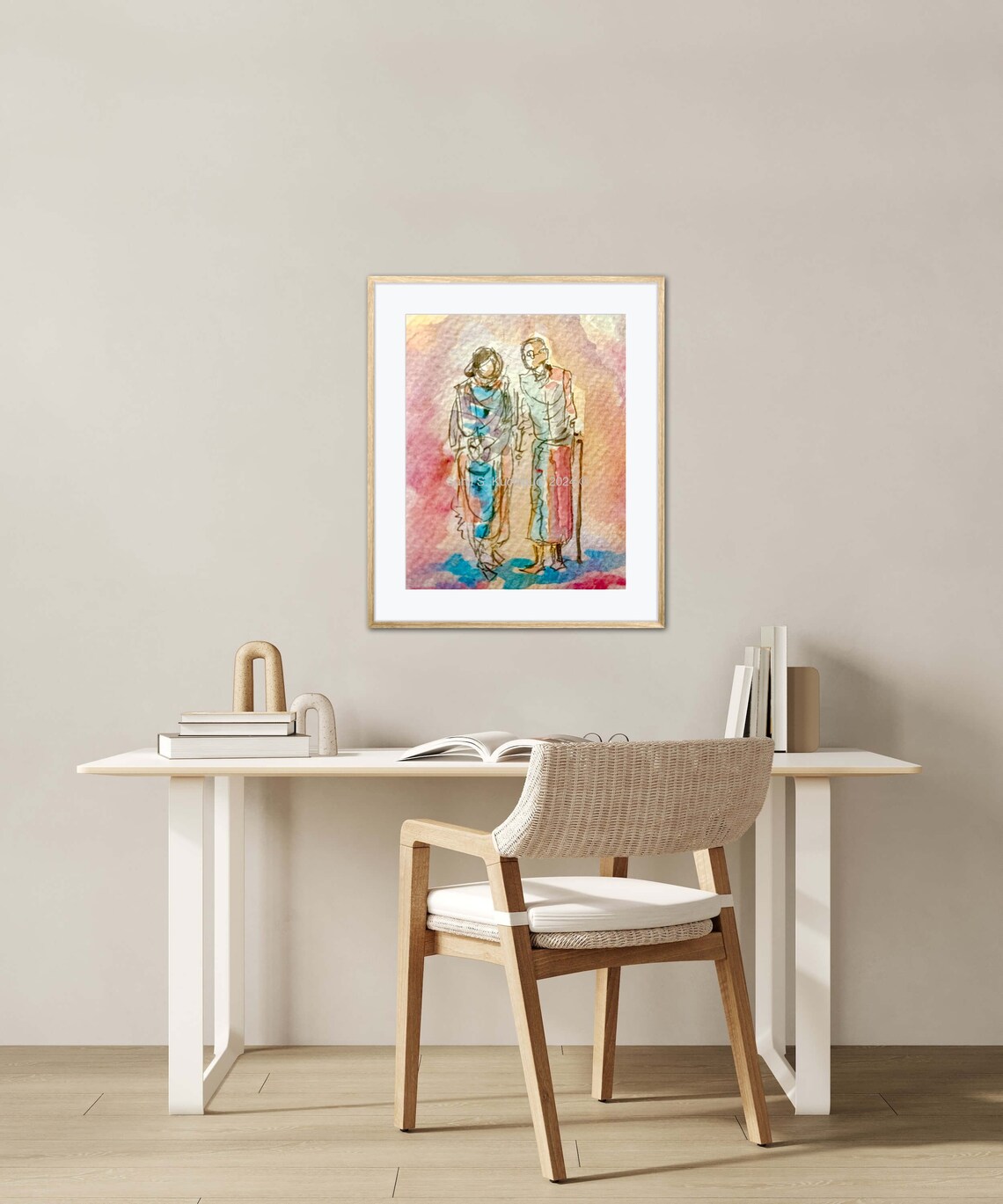 The Golden Years Elderly Couple Walking in India Watercolor Art Poster - Image 2