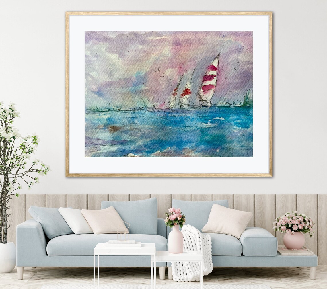 Sailboats on St Johns River Watercolor Nautical Sails Scene Art Poster