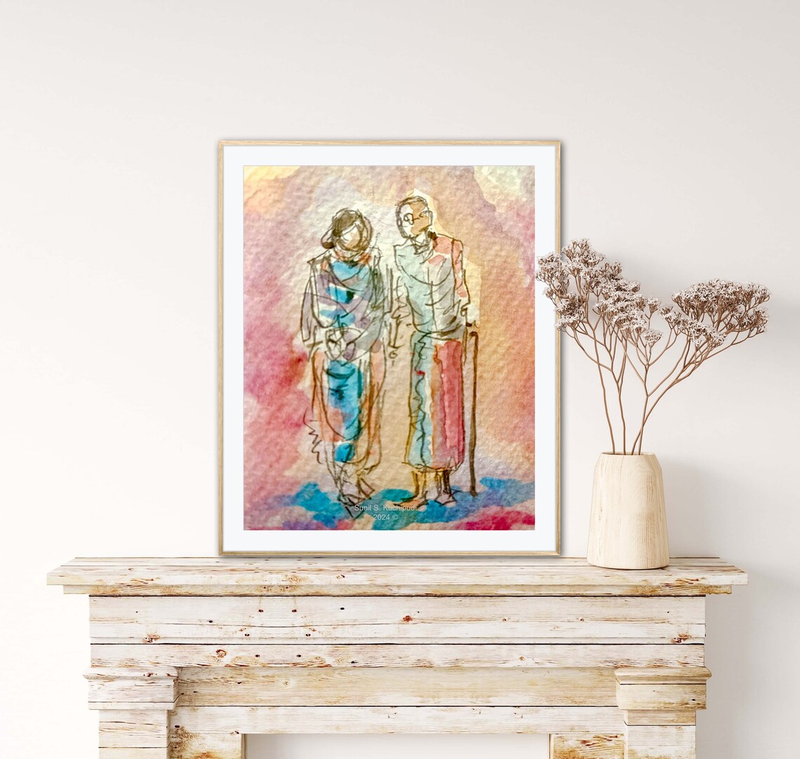 The Golden Years Elderly Couple Walking in India Watercolor Art Poster