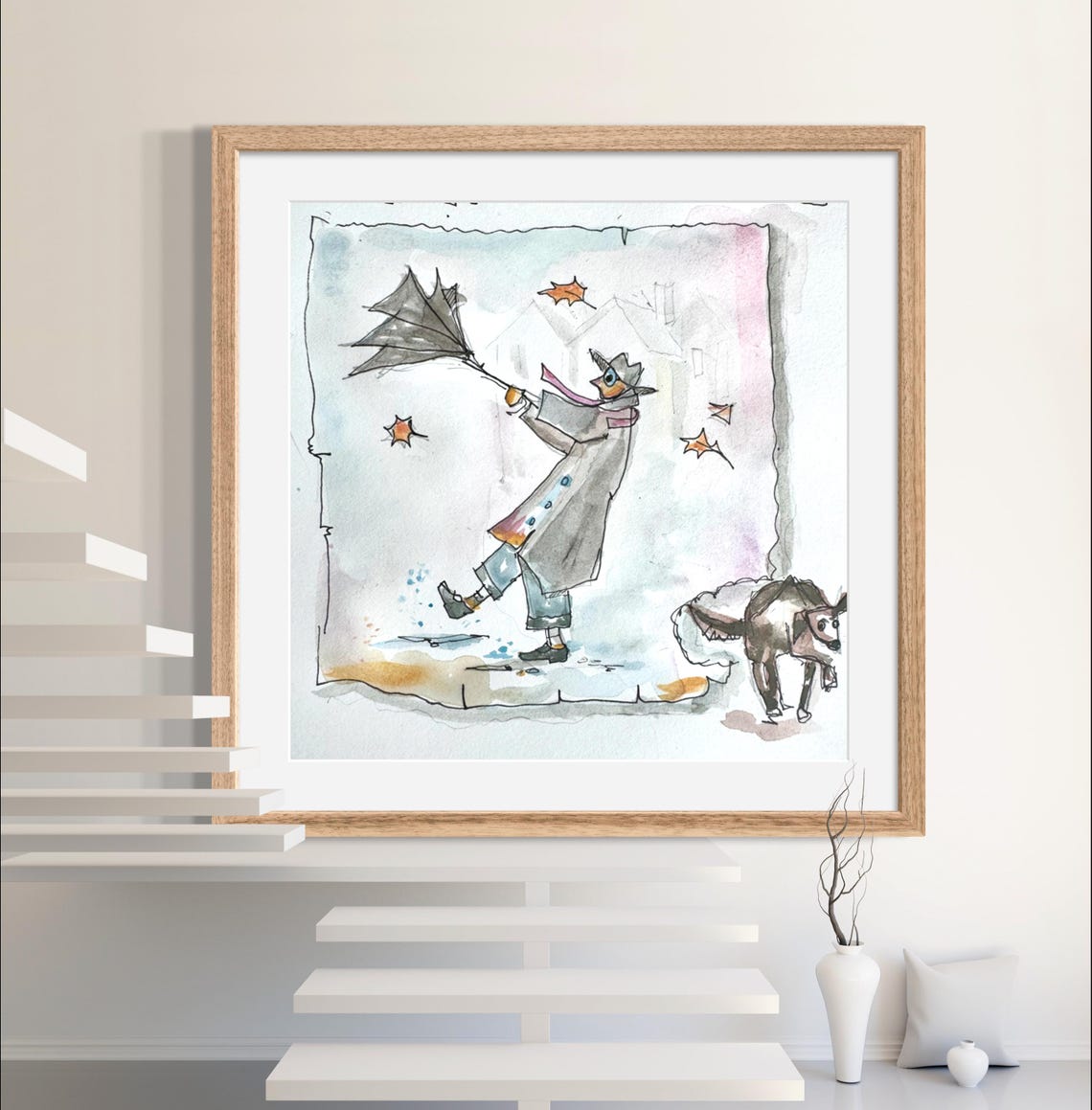 Old Man of West Dumpet Whimsical Watercolor Umbrella Dog Art Poster