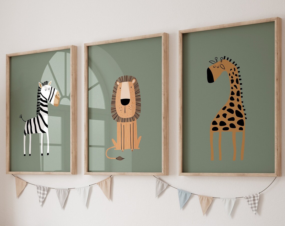 Cute Giraffe Nursery Sage Green Safari Animal Bedroom Poster - Image 3