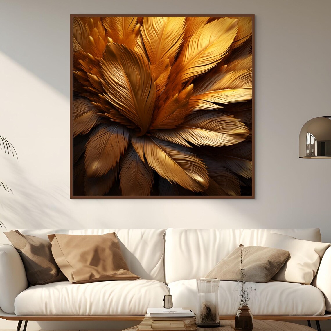 Golden Feather Luxury Abstract Art Poster in Warm Boho Gold Tones