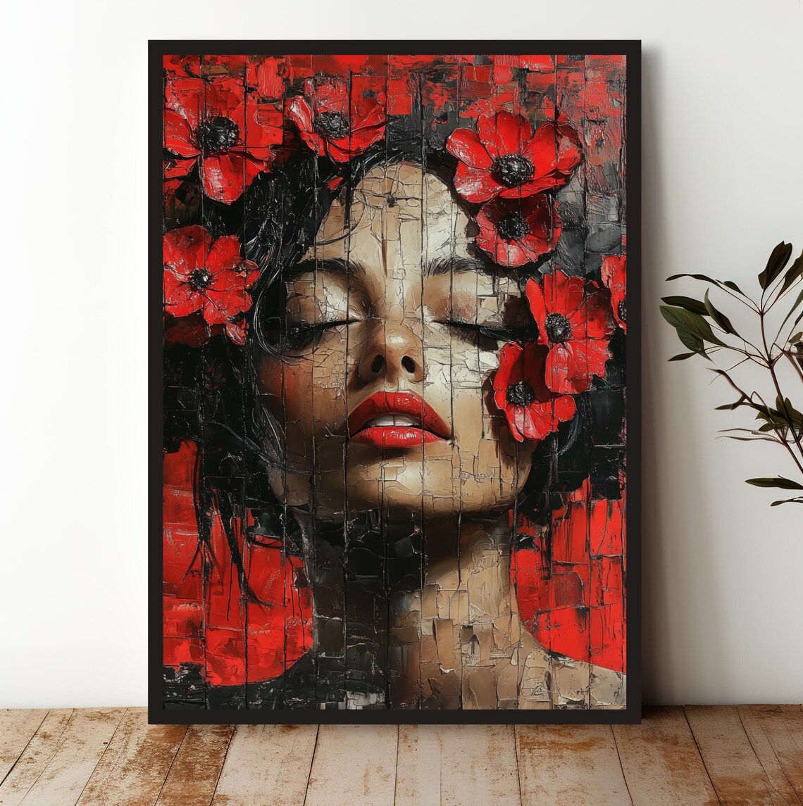 Bold Red Poppy Woman Portrait Floral Oil Painting Scene Art Print