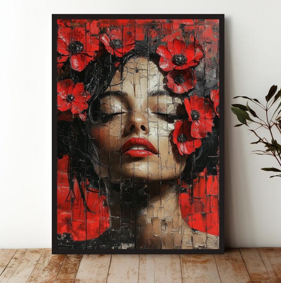 Bold Woman Floral Art Print In Red Modern Boho Wall Decor For Home Office Living Room Or Bedroom