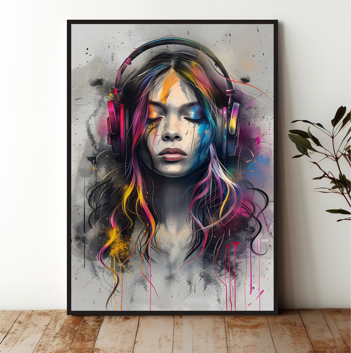 Rainbow Hair Headphones Woman Colorful Abstract Portrait Poster