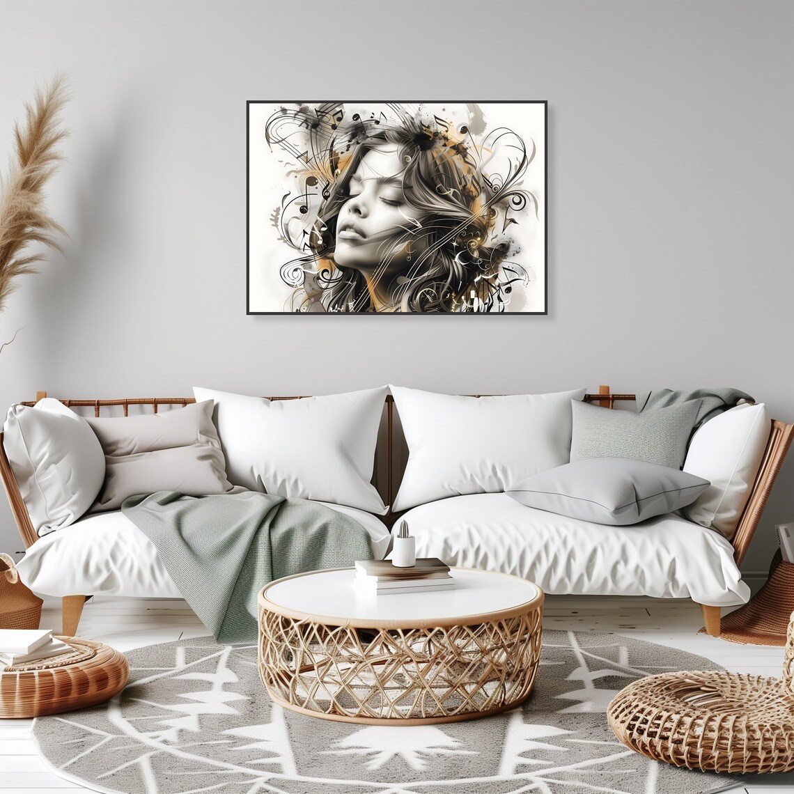 Serene Woman Face Among Music Notes Black And Gold Abstract Music Poster - Image 2