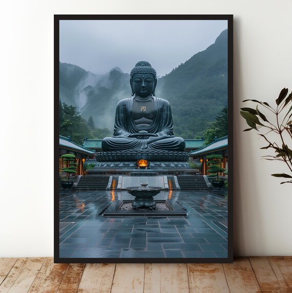 Giant Buddha Statue Misty Mountain Temple Zen Serene Art Print