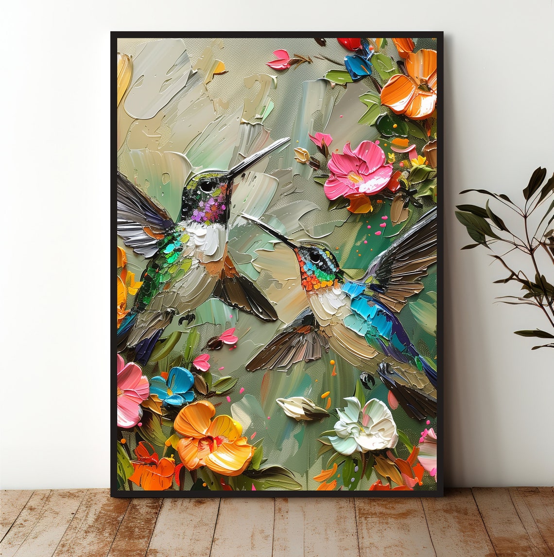 Two Hummingbirds Colorful Flowers Impasto Wildlife Art Poster