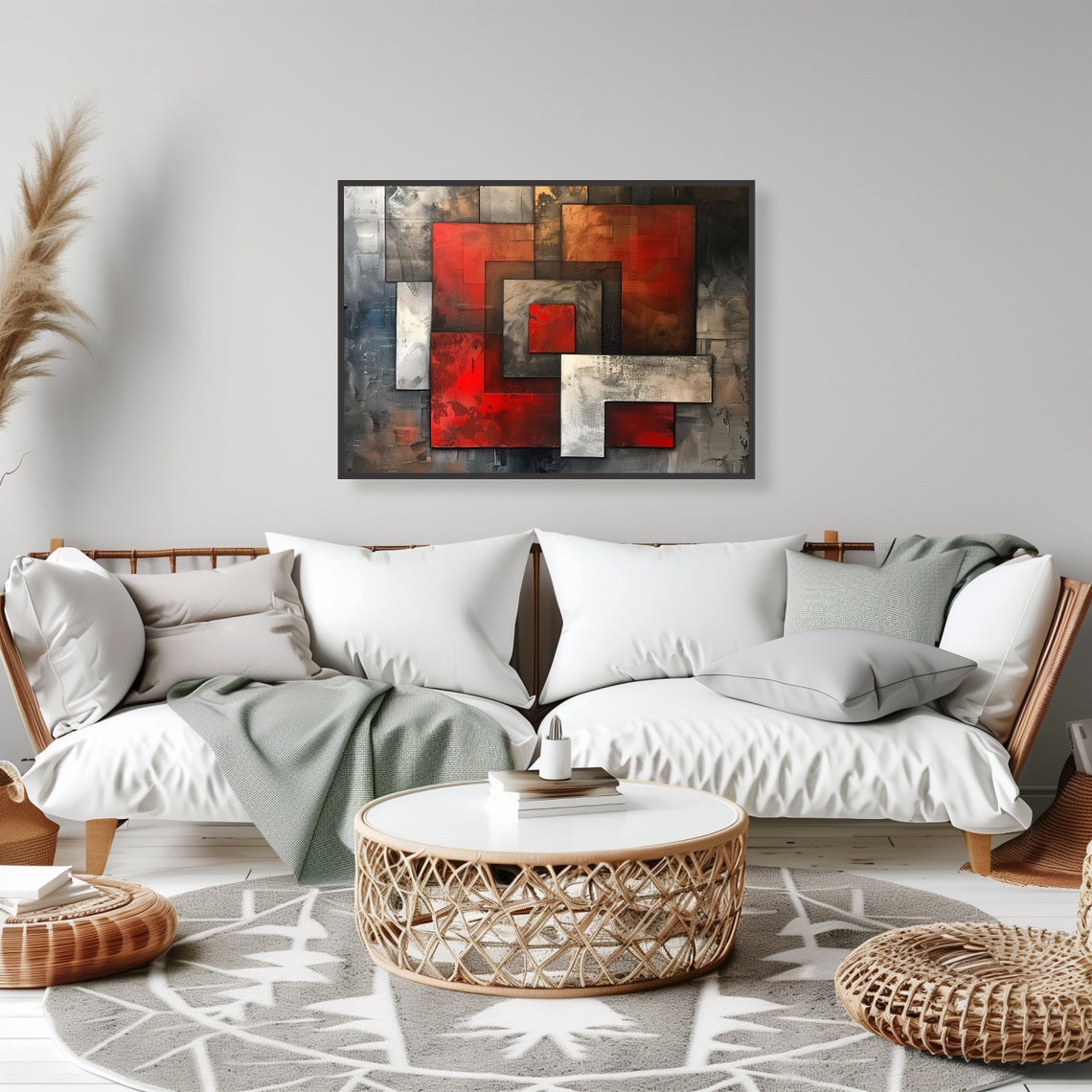 Red Gray Black Geometric Square Abstract Minimalist Art Poster - Image 2