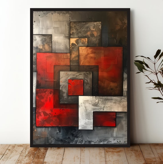 Modern Abstract Geometric Wall Art Striking Red And Gray Square Design Minimalist Home Decor For Unique Spaces Usa Printed And Shipped
