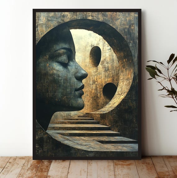 Surreal Woman Profile Art Print Abstract Modern Wall Decor With Stairs And Mystical Pathway Museum Quality