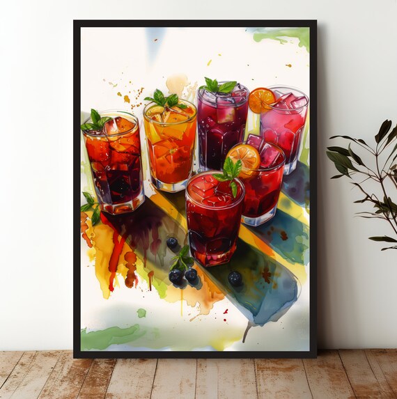 Colorful Cocktail Glasses Watercolor Home Bar Decor Art Print