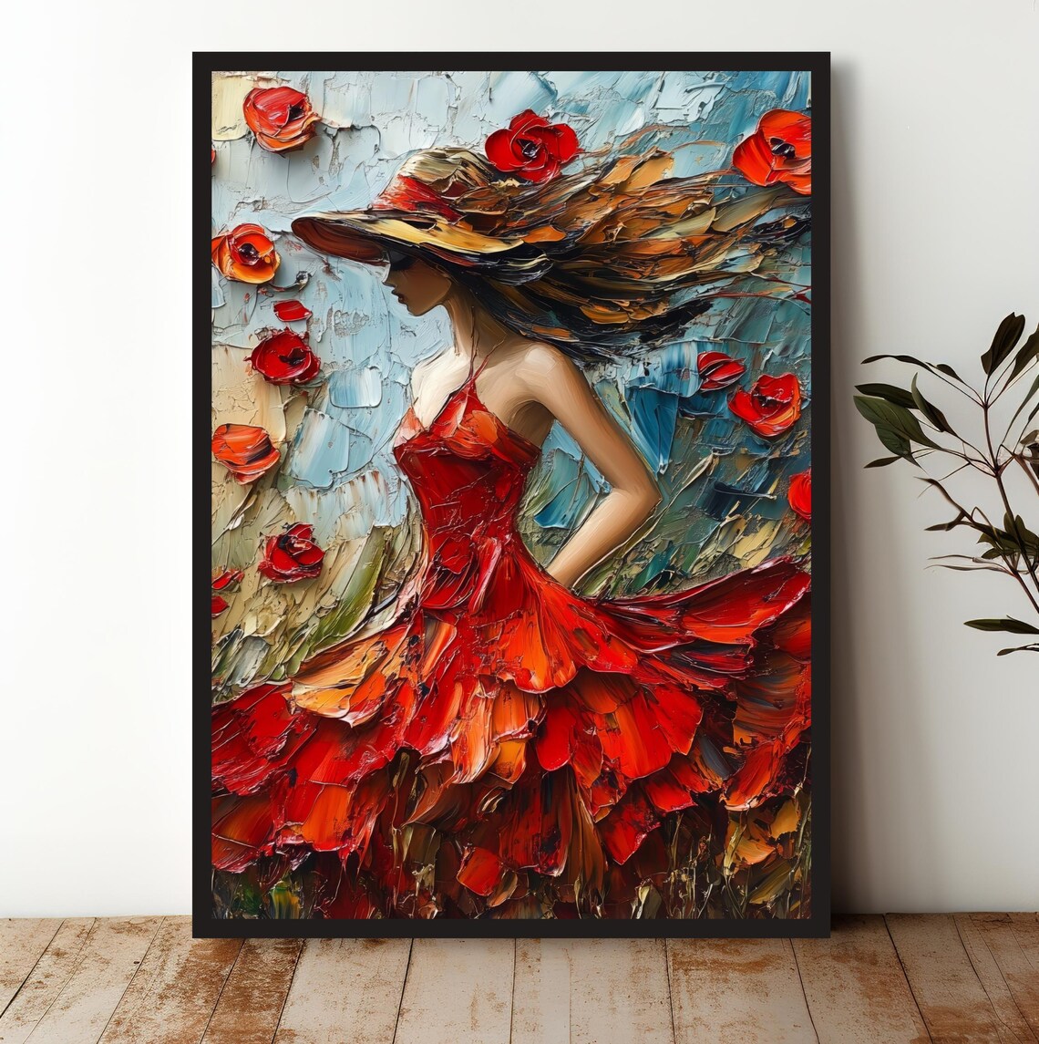 Woman in Red Dress Palette Knife Floral Portrait Elegant Art Print