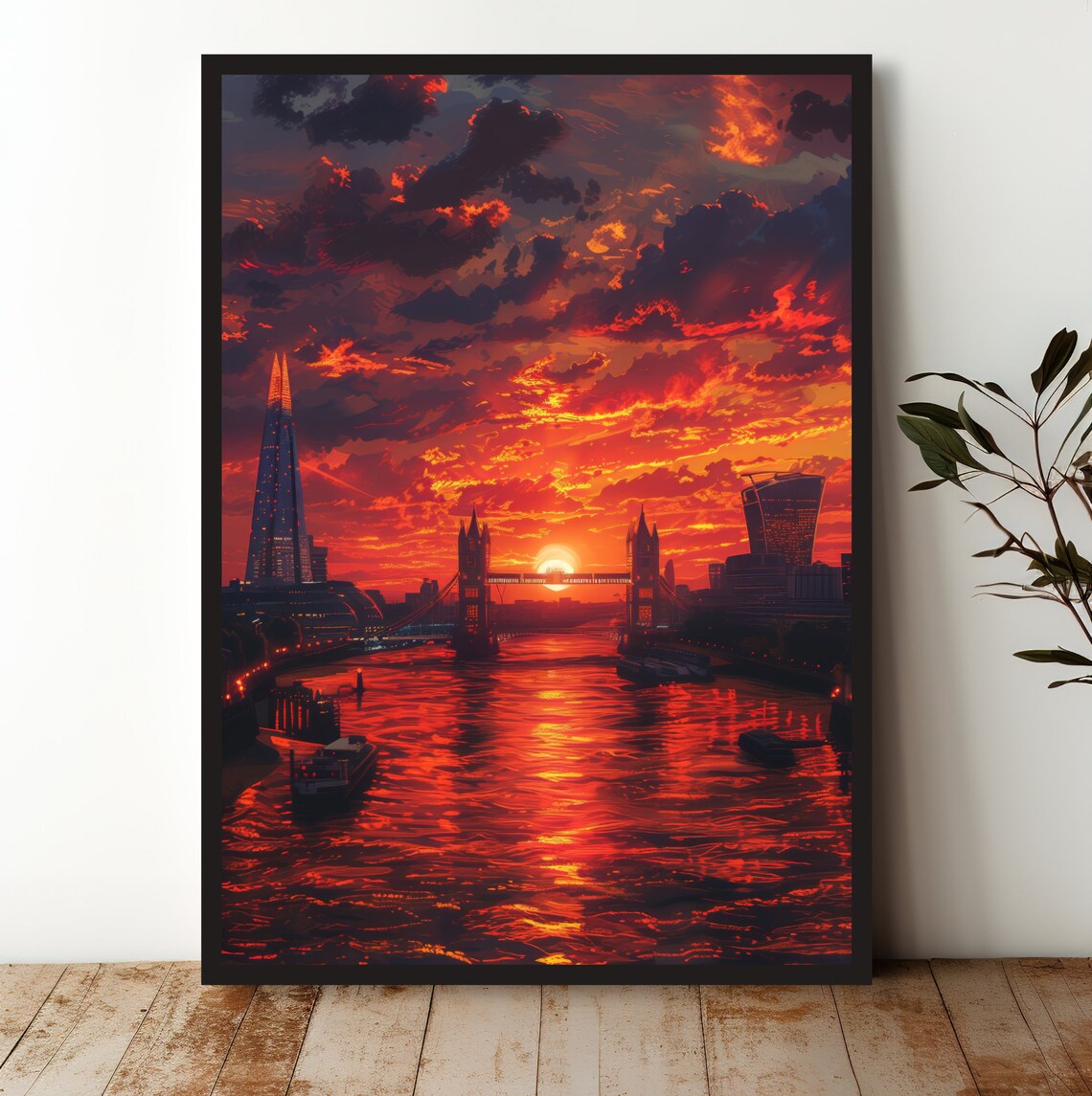 London Skyline Sunset Tower Bridge Shard Fiery Red River Poster