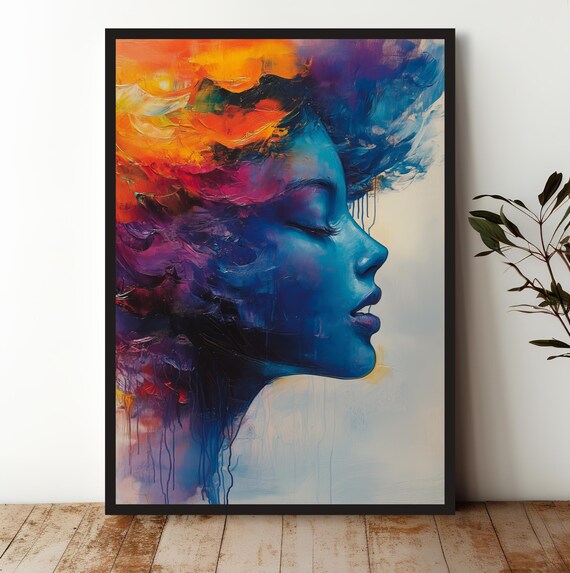 Vibrant Blue Woman Profile Colorful Abstract Portrait Art Poster