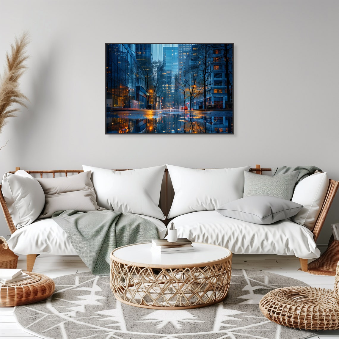 Rainy City Street Night Glass Skyscraper Reflection Art Print - Image 2