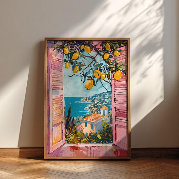 Amalfi Coast Window Lemon Branch Sea View Mediterranean Art Poster
