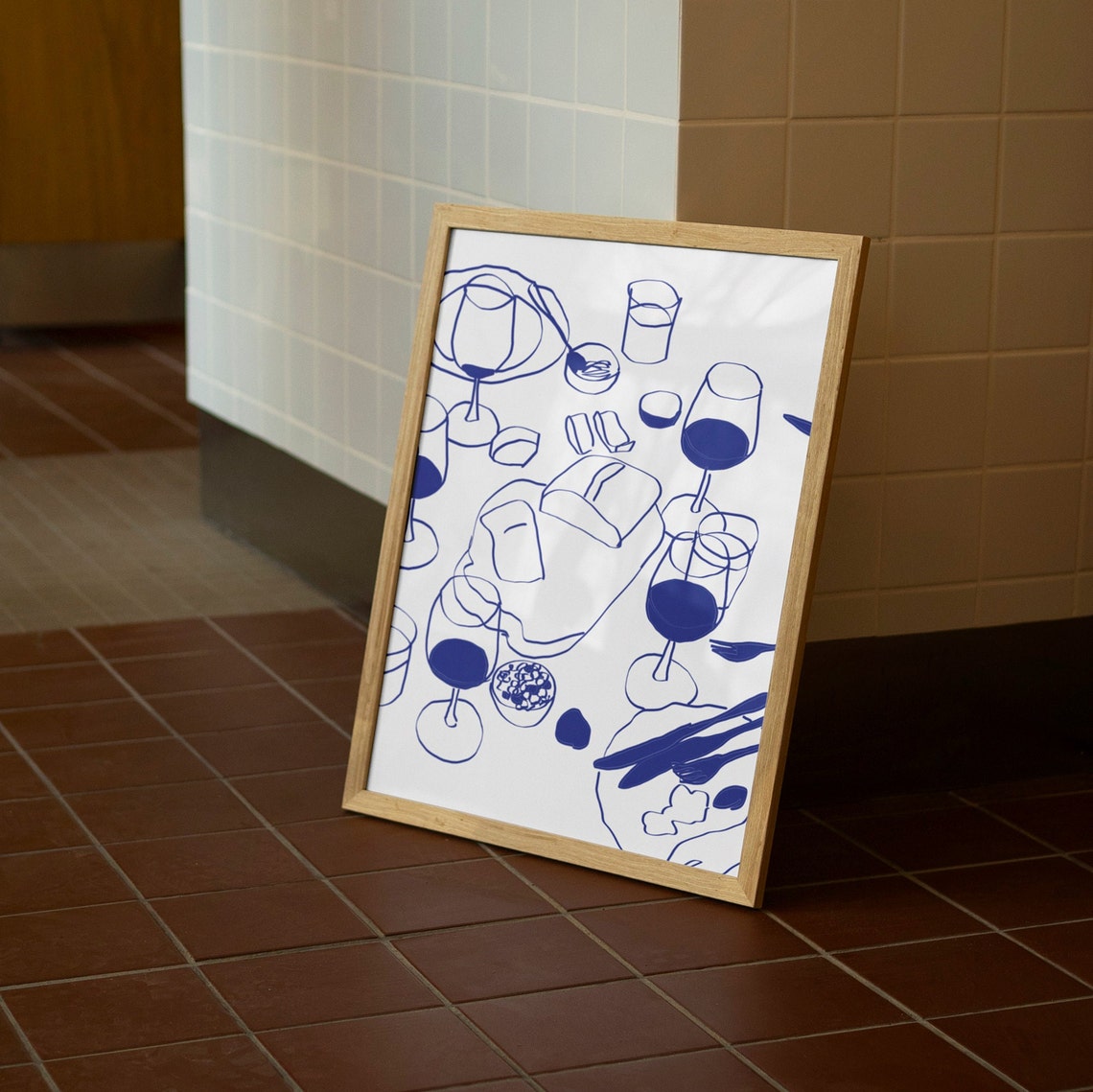 Wine Glasses Dinner Party Blue Line Drawing Kitchen Dining Poster - Image 3