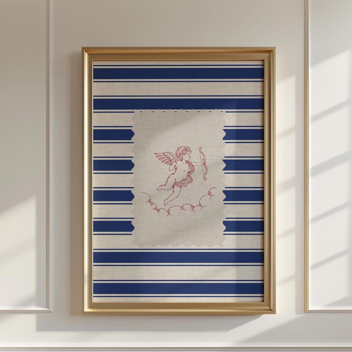 Vintage Cherub Line Art Navy Stripes Coastal Farmhouse Poster