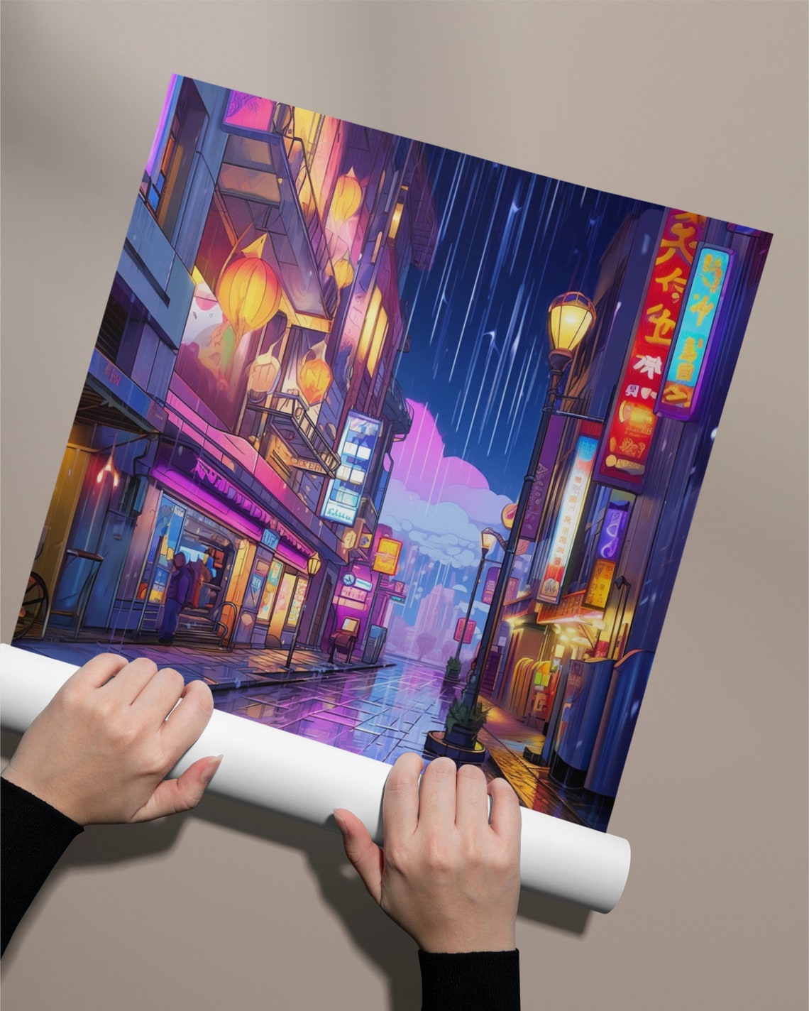 Neon Rainy City Street Glowing Lanterns Reflections Night Art Poster - Image 2