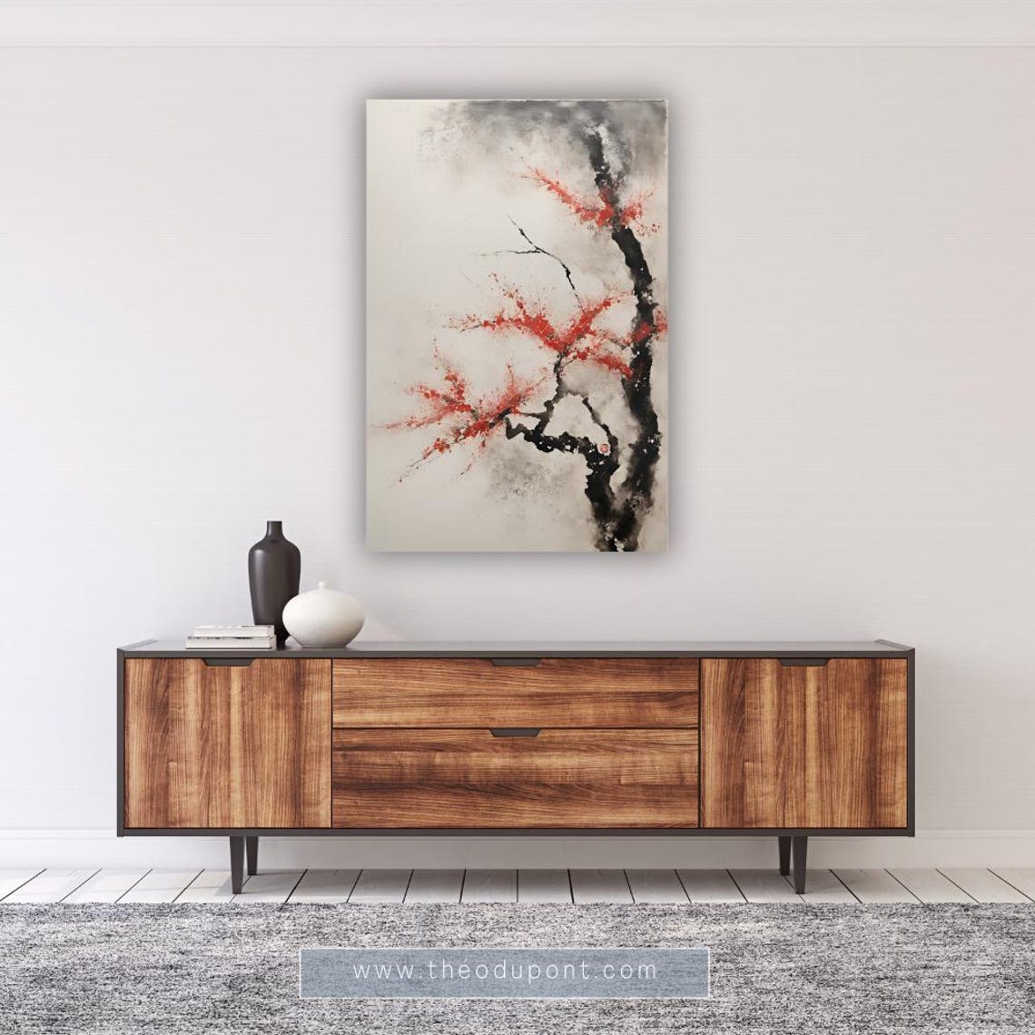 Japanese Ink Branch Red Blossoms Minimalist Dramatic Serene Art Poster - Image 2