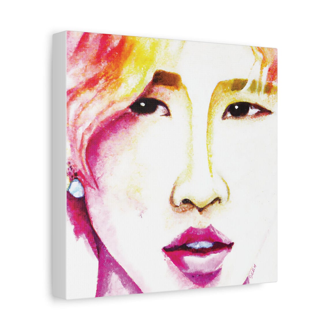 Pop Art Watercolor Pink Face Pearl Earring Close Up Portrait Poster - Image 3