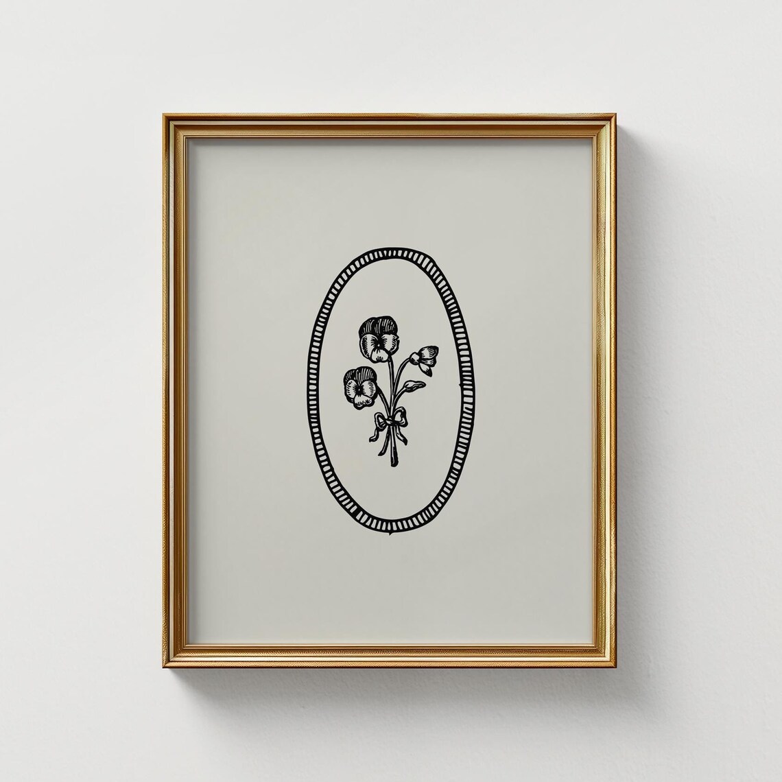 Black Ink Pansy Flower Posy Oval Border Botanical Sketch Art Poster