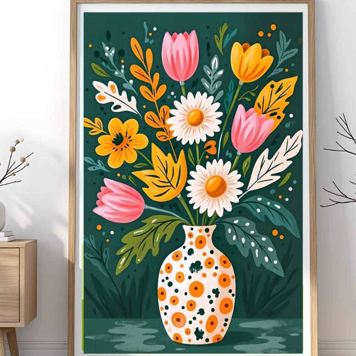 Colorful Floral Bouquet Tulips Daisies Patterned Vase Art Poster