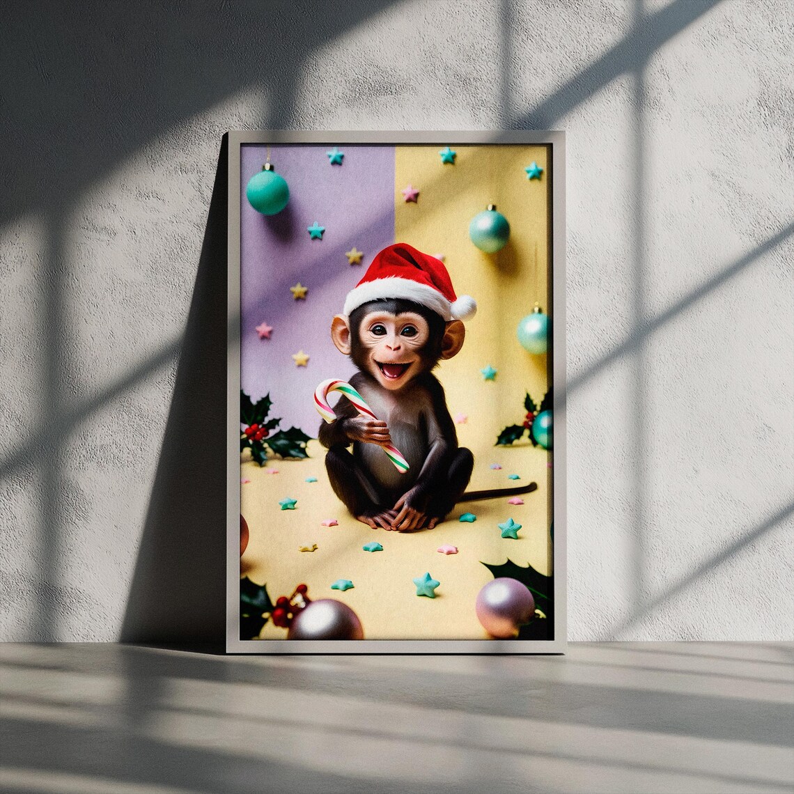 Baby Monkey in Santa Hat Holding Candy Cane Christmas Poster