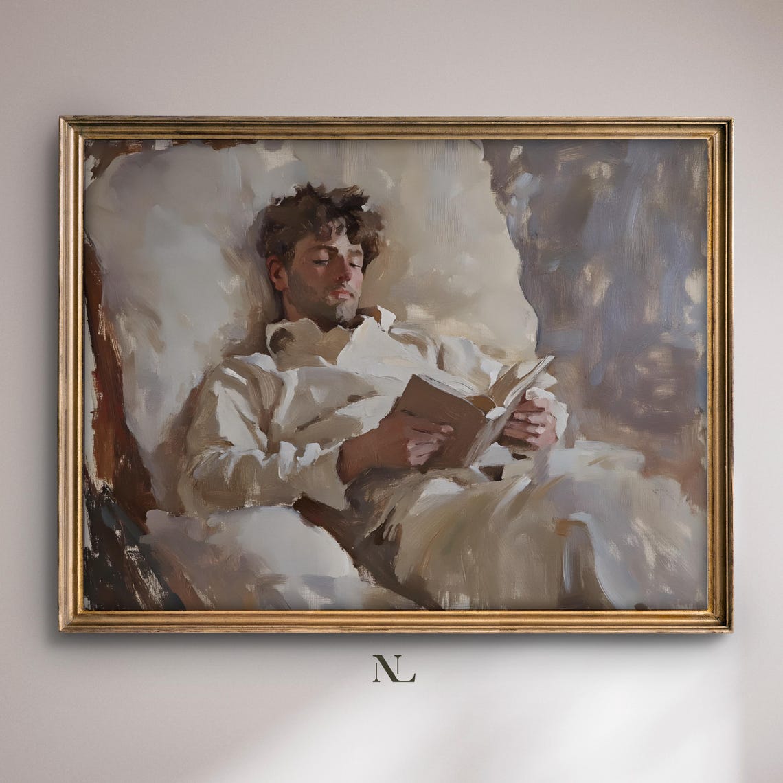 Man Reading Book In Bed Soft Neutral Tones Cozy Painting Poster