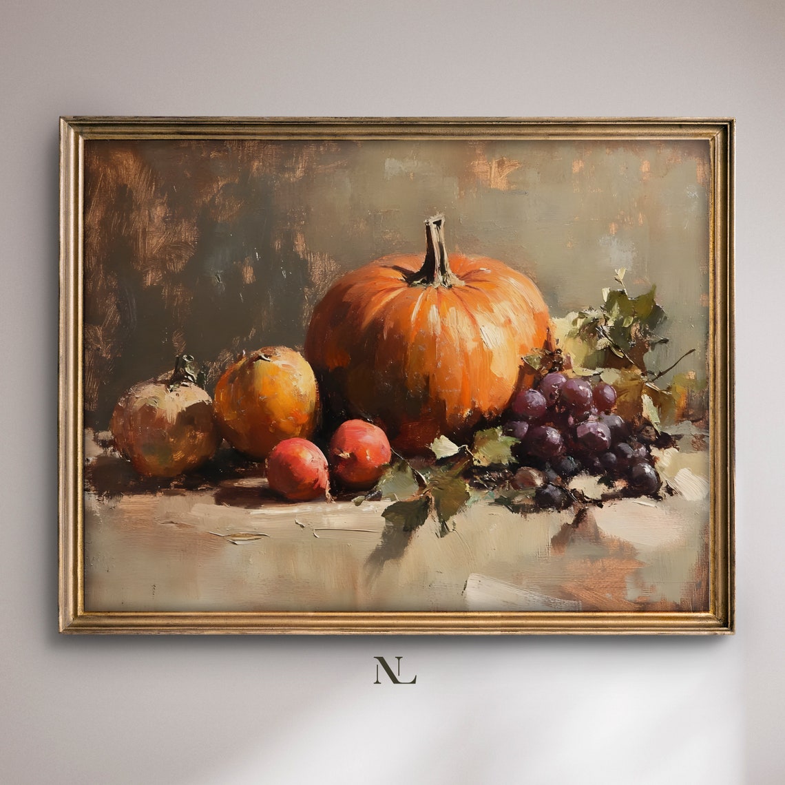 Pumpkin Still Life With Grapes And Peaches Fall Harvest Oil Poster