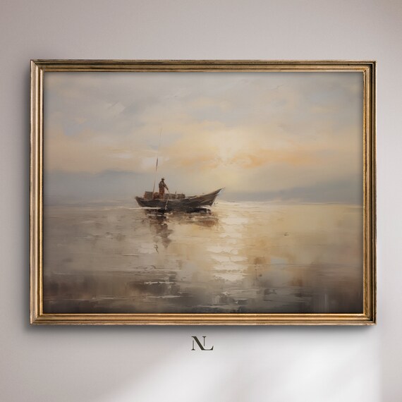 Fisherman In Small Boat On Calm Misty Sea Sunset Glow Poster