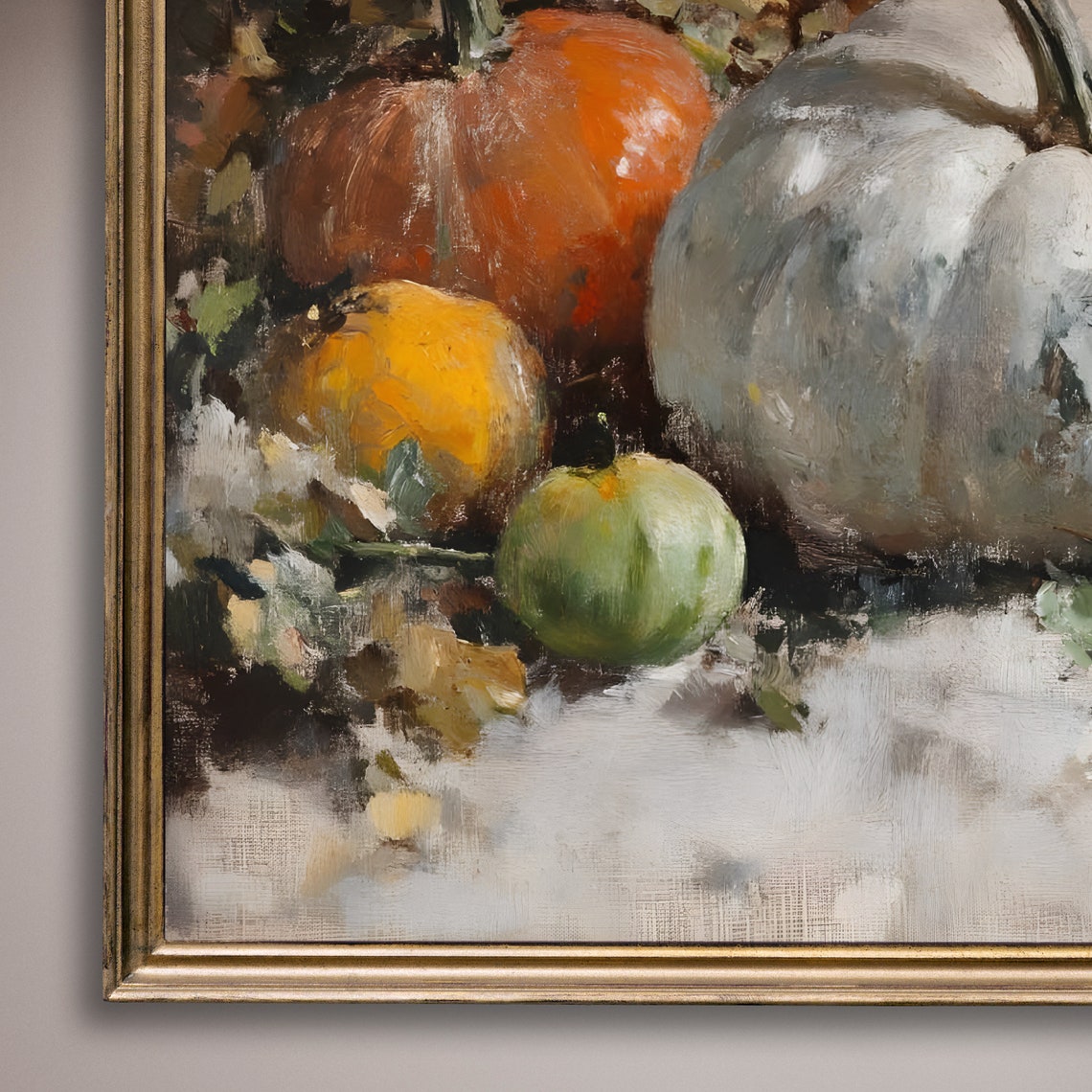 White Pumpkin With Orange Pumpkins And Autumn Leaves Still Life Poster - Image 6