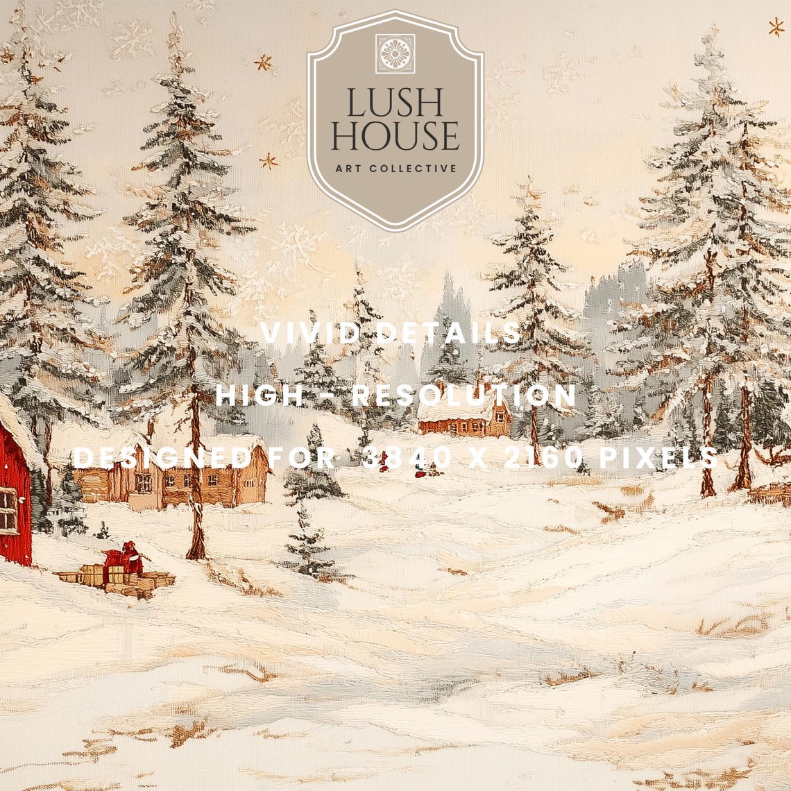 Red Barns in a Snowy Pine Forest Winter Village Christmas Poster - Image 2