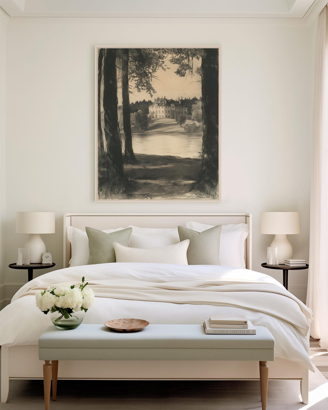Lakeside Villa Charcoal Sketch Tall Trees Vintage Landscape Art Poster - Image 3