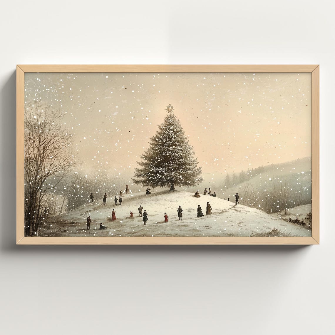 Snowy Hill Christmas Tree Vintage Winter Gathering Scene Poster