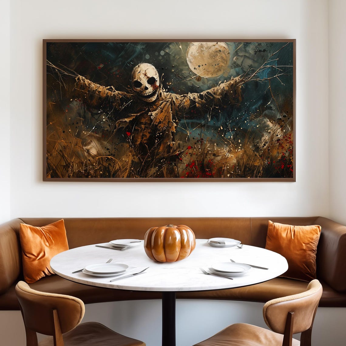 Creepy Skull Faced Scarecrow in Field Under Full Moon Halloween Poster - Image 4
