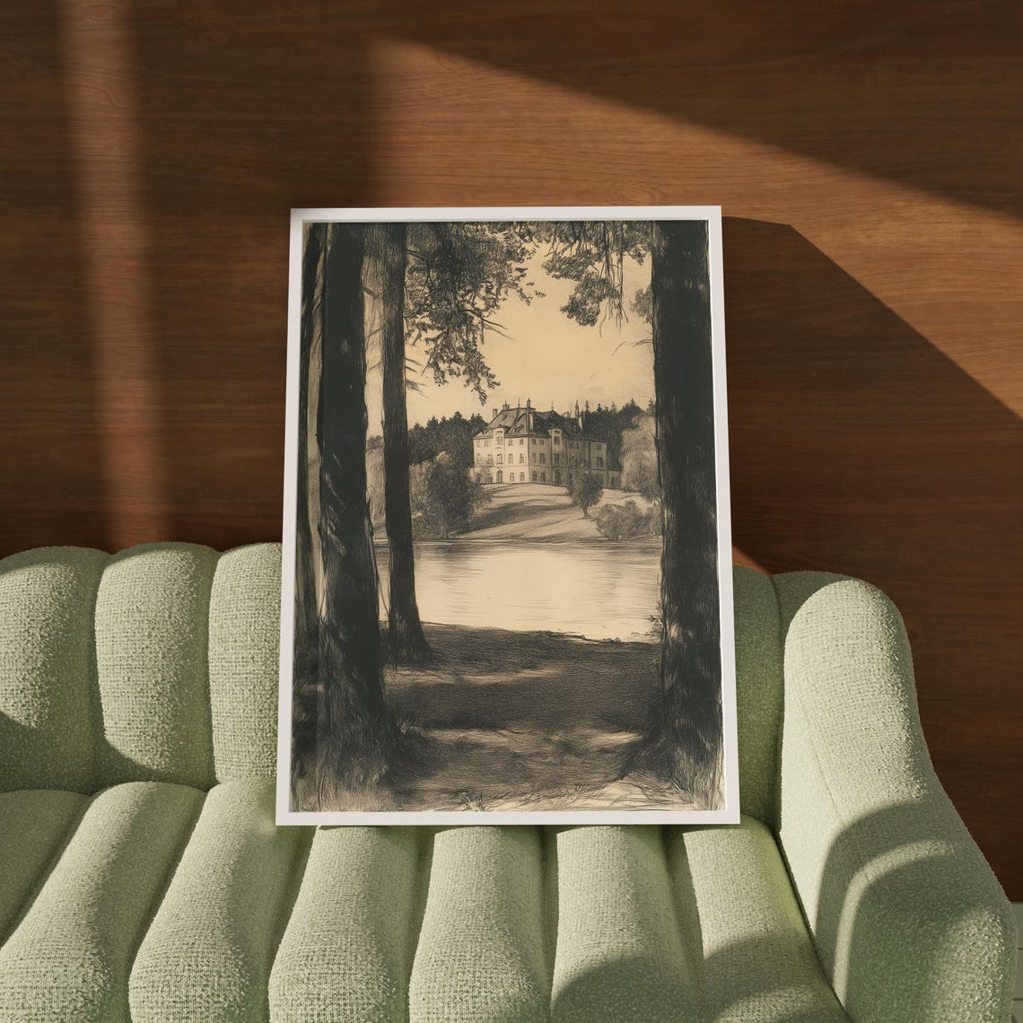 Lakeside Villa Charcoal Sketch Tall Trees Vintage Landscape Art Poster - Image 2