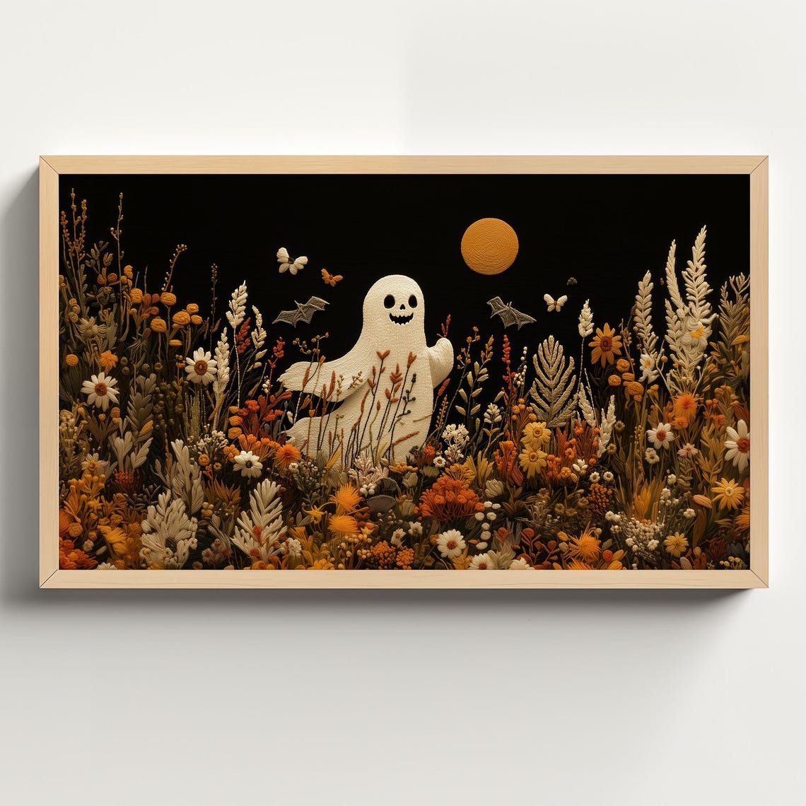 Cute Ghost Among Autumn Wildflowers Under Orange Moonlit Night Poster